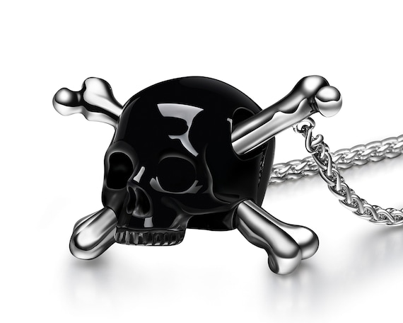 Skullis Gem Skull Jewelry - Black Obsidian Carved Skull & Sterling Silver Skull and Bone Pendant with 925 Silver Chain Crossbones Necklace