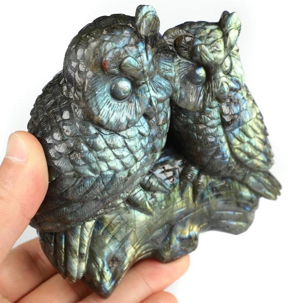 4.6" Labradorite Hand Carved Crystal Owl Sculpture, Crystal Healing, Collectible Fine Art Sculpture,  Gift