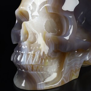 May include: A detailed agate skull sculpture with intricate banding in shades of white, brown, and grey. The skull is carved with realistic features, including teeth and eye sockets.