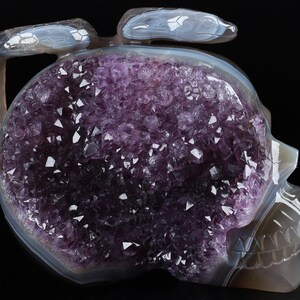 Skullis Crystal Skull, 6.3&quot; Agate Amethyst Geode Hand Carved Gemstone Skull With Snake, Fine Art Sculpture, Gift, Crystal Healing.