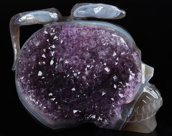 Skullis Crystal Skull, 6.3" Agate Amethyst Geode Hand Carved Gemstone Skull With Snake, Fine Art Sculpture, Gift, Crystal Healing.