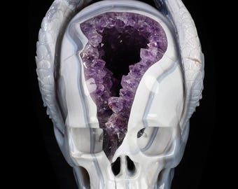 6.6" Agate Amethyst Geode Hand Carved Crystal Skull with Wings Sculpture, Crystal Healing,Collectible Fine Art Sculpture, Home Decor, Gift