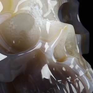 May include: A detailed carving of a human skull made from agate. The skull is translucent and shows the natural banding of the agate in shades of white, grey, and brown.