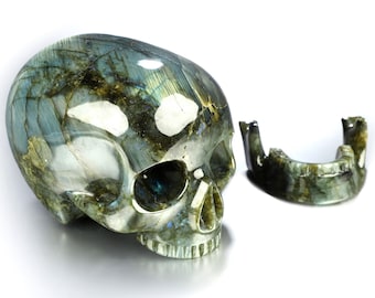 Skullis Crystal Skull, 7.5&quot; Labradorite Hand Carved Crystal MH Detachable Skull Sculpture, Crystal Healing, Collectible Fine Art Sculpture,