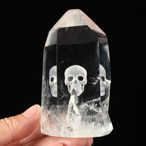 Skullis Crystal Skull, Original 3.8&quot; Quartz Rock Crystal Carved Crystal Skull & Eagle, Crystal Healing. Fine Art Sculpture, Gift