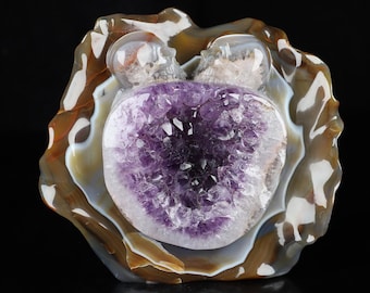6.5" Agate Amethyst Geode Hand Carved Crystal Skulls Fine Art Sculpture, Crystal Healing
