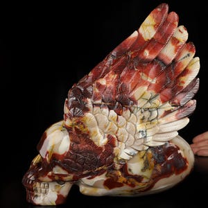 Skullis Crystal Skull, 9.6&quot; Mookaite Jasper Hand Carved Crystal Skull and Wing Fine Art Sculpture, Crystal Healing, Fine Art Sculpture,Gift