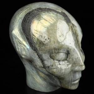 Puede incluir: Una escultura tallada de un cabeza extraterrestre en piedra de labradorita. La escultura es de color gris claro con acentos iridiscentes azules y verdes. El extraterrestre tiene una cabeza grande con una frente prominente y ojos grandes.