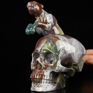 Skullis Crystal Skull, Geode 5.9&quot; Indian Agate Geode Hand Carved Skull With leopard, Collectible Fine Art Sculpture, Crystal Healing.