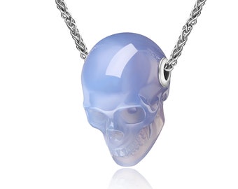 Necklace of 1.2&quot; Blue Chalcedony Hand Carved Crystal Skull Pendant, Skull Jewelry, Collectible Fine Art Sculpture, Home Decor, Gift
