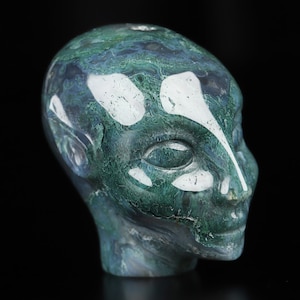 1.9" Green Moss Agate Hand Carved Fairy Elf Alien Crystal Skull Companion Sculpture, Crystal Healing,  Collectible Fine Art Sculpture,Gift
