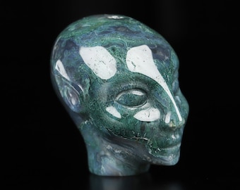 Escultura de calavera de cristal extraterrestre de 4,8 cm tallada a mano en ágata musgosa verde, con forma de hada, elfo, curación con cristales, escultura de arte coleccionable, regalo