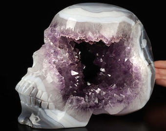 8.3" Agate Amethyst Geode Hand Carved Crystal Skull, Super Realistic, Crystal Healing