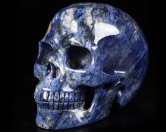 Puede incluir: Un cráneo tallado en sodalita, una piedra preciosa azul, con detalles blancos. El cráneo está detallado con una boca y cuencas de los ojos talladas.