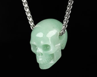 Necklace of 1.2" Green Aventurine Hand Carved Crystal Skull Pendant, Crystal Healing