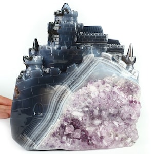 7.4&quot; Agate Amethyst Druse Hand Carved Crystal Castle, Collectible Fine Art Sculpture, Home Decor, Gift