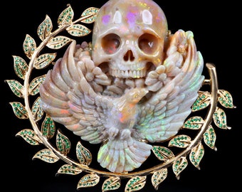 Skullis Crystal Skull, AMAZING 2.3&quot; Australian Opal and 18K Gold inlaid Tsavorite Carved Crystal Skull & Eagle Brooch, Crystal Healing.