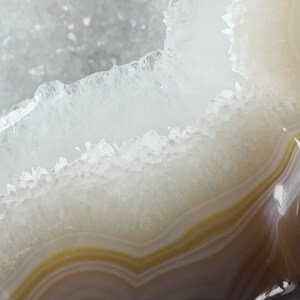 May include: Close-up of a white agate geode with brown and yellow banding. The geode is cut open to reveal the crystal formations inside.