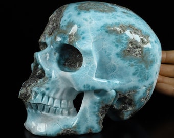Skullis Crystal Skull, 6.3" Larimar Hand Carved Gemstone Skull, Super Realistic, Fine Art Sculpture, Gift, Crystal Healing.