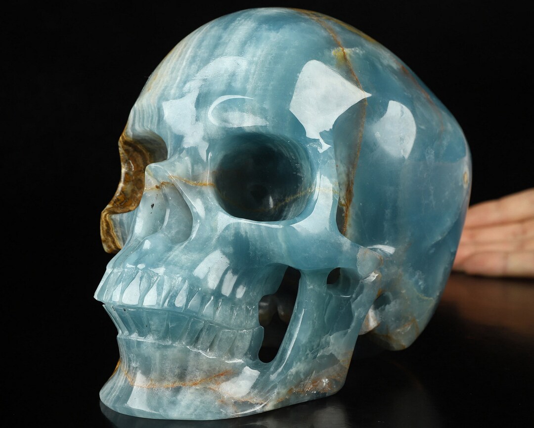 ブルーオニキス　スカル 超リアル！等身大 7.0 インチ ブルー オニキス 手彫り クリスタル