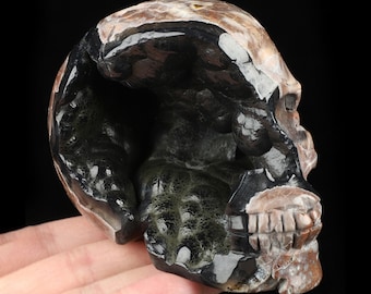 May include: A carved agate skull with a black and green interior. The skull is detailed with teeth and eye sockets.