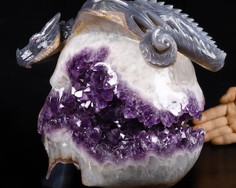 Skullis Crystal Skull 10.8&quot; Agate Amethyst Geode Carved Crystal Skull & Dragon, Crystal Healing, Fine Art Sculpture.