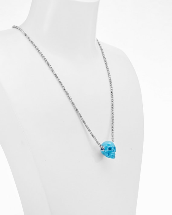 Gemstone Necklace of Turquoise Hand Carved Crystal Skull