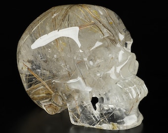 Skullis Crystal Skull, Gemstone 4.6&quot; Rutilated Quartz Rock Crystal Hand Carved Crystal Skull, Super Realistic, Crystal Healing