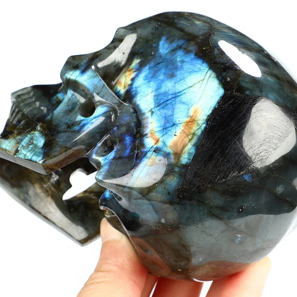 Skullis Crystal Skull, 5.0" Flash Labradorite Hand Carved Crystal Skull, Super Realistic, Crystal Healing, Home Decor, Gift