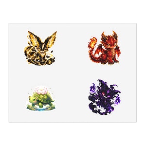 Anime Monster-klistermärkespaket, Elementärt odjur-dekaler Chibi Dragon, Kawaii Ghost Turtle Gaming-vinylklistermärkesark, 5-pack