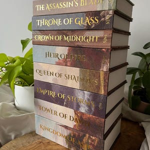 May include: A vertical stack of eight hardback books with illustrated covers and gold foil lettering on the spines. The titles include The Assassin's Blade, Throne of Glass, Crown of Midnight, Heir of Fire, Queen of Shadows, Empire of Storms, Tower of Dawn, and Kingdom of Ash.