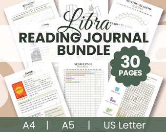 Libra Book Reading Journal Bundle (PDF, Letter size, A4, A5) Printable planner pages Book Tracker Reading Challenge Log Goals Review