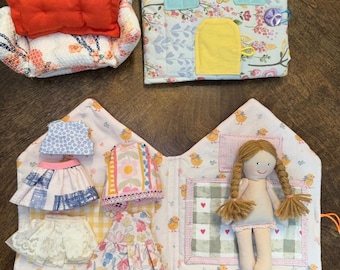 Handmade Fabric Doll House Quiet Book, Dress Up Doll Set, Montessori Toy, Travel Activity Toy, Baby Gift, Cloth Dollhouse with Outfits