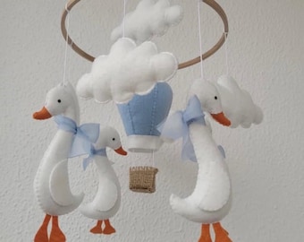 Baby Mobile Crib Mobile, Goose Nursery Mobile, Hot Air Balloon Mobile, Neutral Baby Nursery Decor, Felt Baby Mobile, Handmade Baby Gift