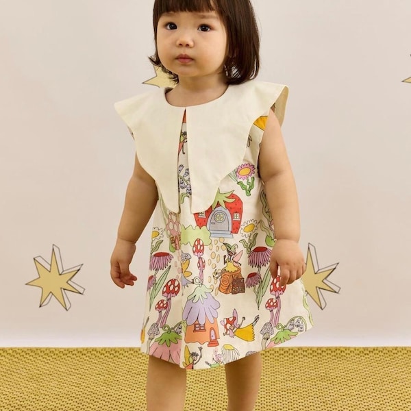 Toddler Girl Fairy Dress, Mushroom Print Dresses, Peter Pan Collar Cotton Dress, Whimsical Woodland Outfit,Little Girl Party Dress, Cotton