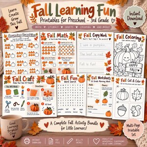 May include: A collection of fall-themed educational printables for preschool to 3rd grade, including math, literacy, crafts, and coloring pages. The sheets feature pumpkin counting, word searches, and writing exercises, all decorated with autumn leaves.
