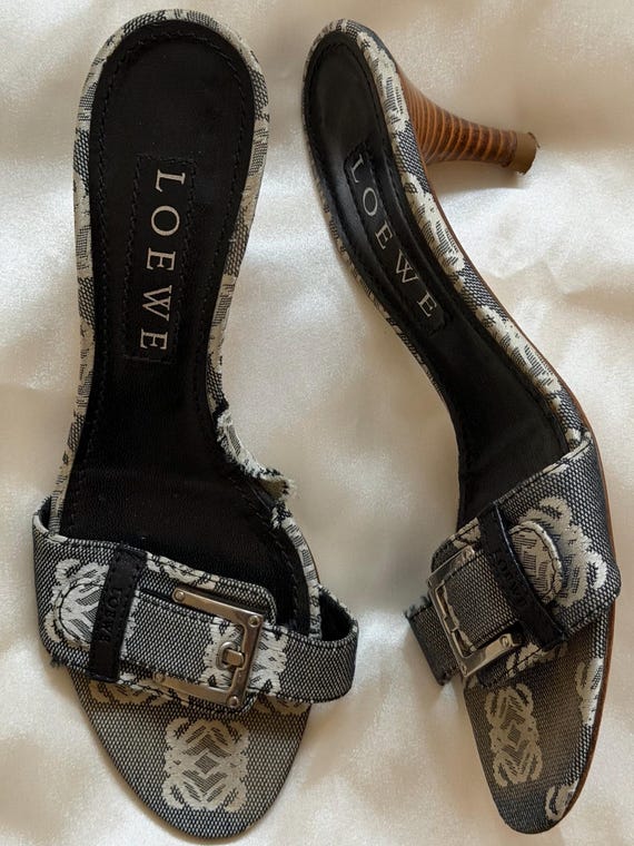 Loewe, LOEWE Anagram Monogram Heeled Mules | Black & Cream Jacquard Buckle Sandals | Y2K Designer Shoes | EU 36.5