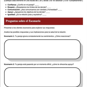 May include: A white and green checklist for relationship health, with questions about trust, respect, communication, support, and equality. Includes scenarios to explore responses, such as how to react if your partner ignores your feelings.