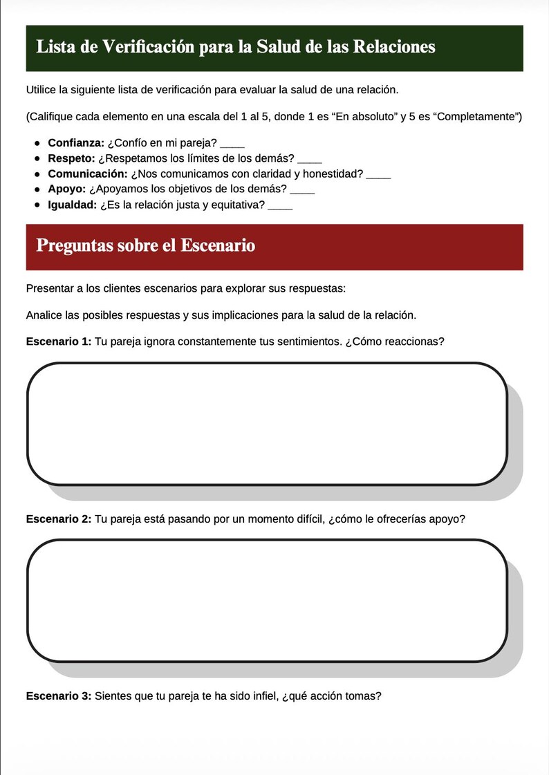 May include: A white and green checklist for relationship health, with questions about trust, respect, communication, support, and equality. Includes scenarios to explore responses, such as how to react if your partner ignores your feelings.