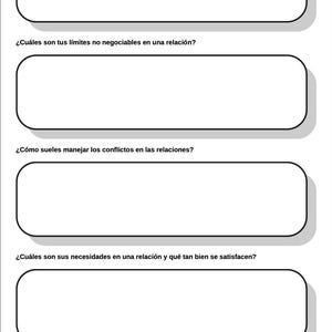 May include: A white paper with four rectangular boxes with rounded corners. Each box has a question in Spanish above it. The questions are about relationships and include topics like boundaries and conflict resolution.