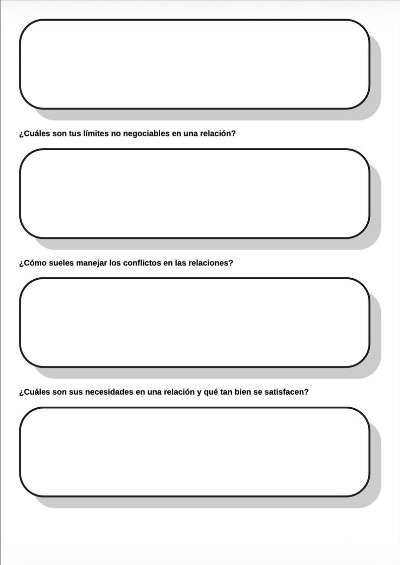 May include: A white paper with four rectangular boxes with rounded corners. Each box has a question in Spanish above it. The questions are about relationships and include topics like boundaries and conflict resolution.