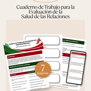 May include: A workbook titled "Workbook for Evaluating Relationship Health" with the text "Serie de Libros" at the top. The image shows several open pages, a smartphone, and a circular graphic indicating "7 pages". The pages have text and graphics.