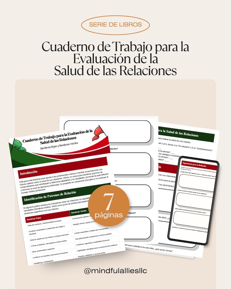 May include: A workbook titled "Workbook for Evaluating Relationship Health" with the text "Serie de Libros" at the top. The image shows several open pages, a smartphone, and a circular graphic indicating "7 pages". The pages have text and graphics.