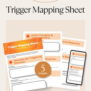 Peut inclure: Une feuille de cartographie des déclencheurs avec le texte "Trigger Mapping Sheet" et "Understanding Emotional Triggers & Responses". L'image comprend un smartphone et plusieurs pages avec des invites d'auto-réflexion. L'image comprend également le texte "5 pages".