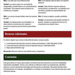 May include: A white and green infographic titled "Myths and Truths About Relationships" with text in Spanish. The infographic lists common misconceptions about relationships and provides additional resources for those experiencing abuse.