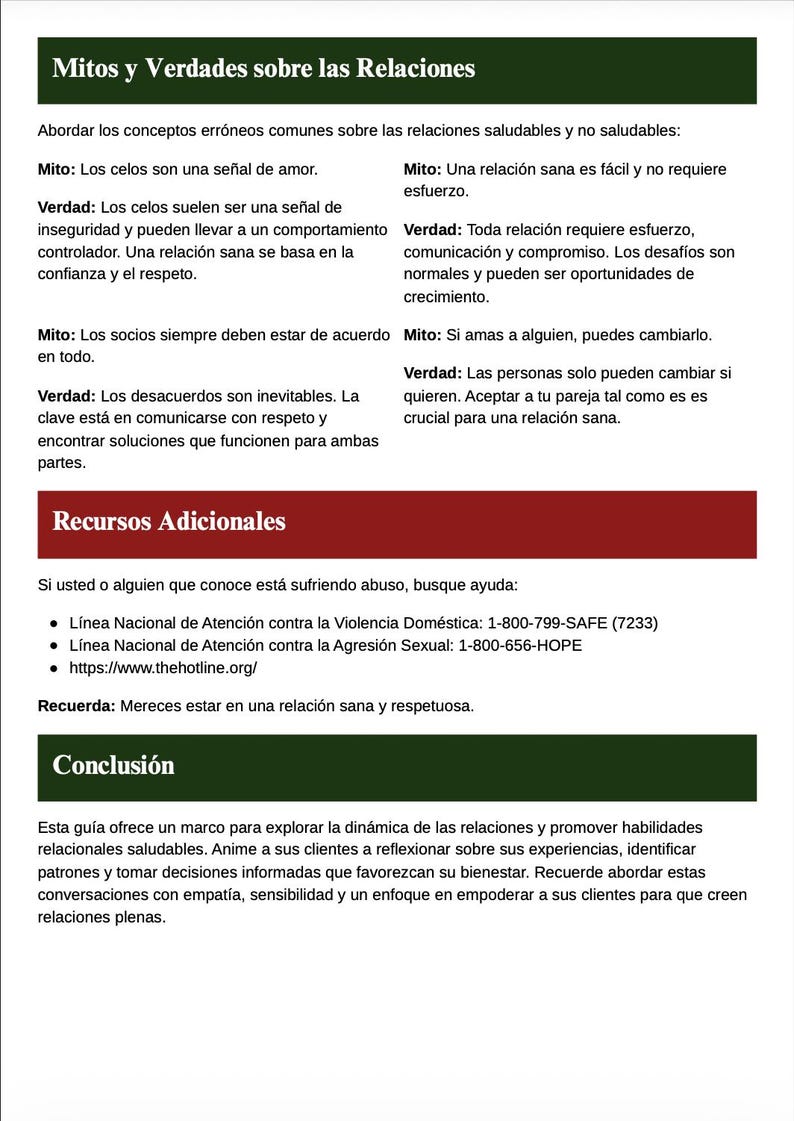 May include: A white and green infographic titled "Myths and Truths About Relationships" with text in Spanish. The infographic lists common misconceptions about relationships and provides additional resources for those experiencing abuse.