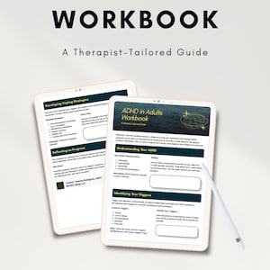 May include: Two tablets showing pages from an ADHD workbook. The workbook is titled "ADHD in Adults Workbook: A Therapist-Tailored Guide." The tablets are white with a stylus. The image also includes the text "Shop Now."