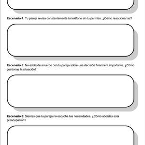 May include: A white paper with four rounded rectangular boxes. Each box has a black outline and a gray shadow. The text in Spanish asks questions about relationships, including reactions to a partner checking your phone and financial disagreements.