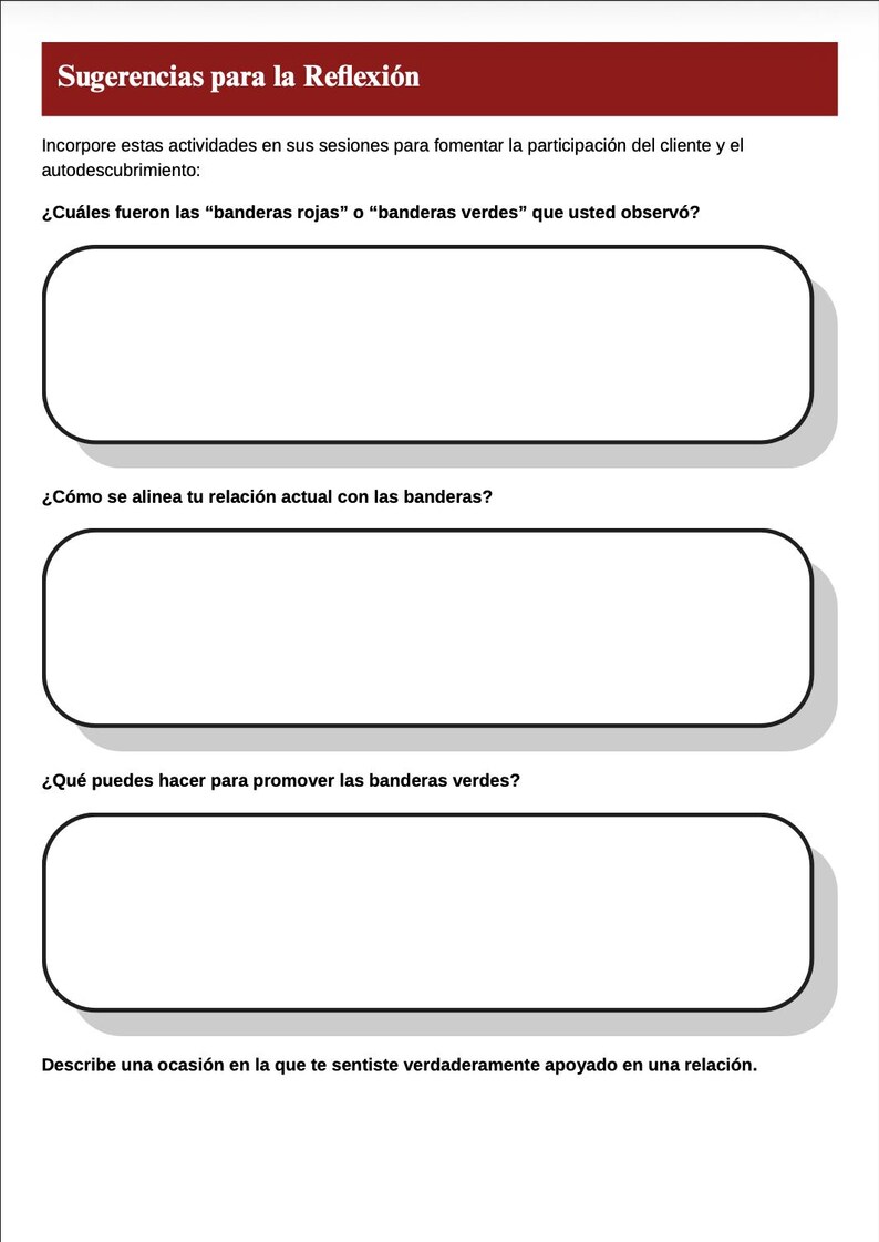 May include: A white worksheet with the title "Sugerencias para la Reflexi&oacute;n" in a maroon banner. The worksheet includes questions about self-discovery and relationships, with space for written responses.