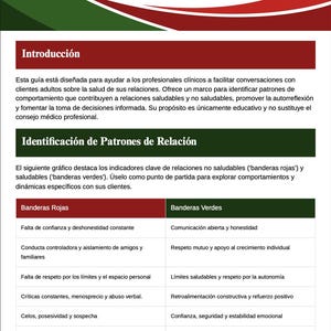 May include: A Spanish-language workbook titled "Cuaderno de Trabajo para la Evaluaci&oacute;n de la Salud de las Relaciones" with red and green flags. The guide identifies healthy and unhealthy relationship patterns for clinical professionals.
